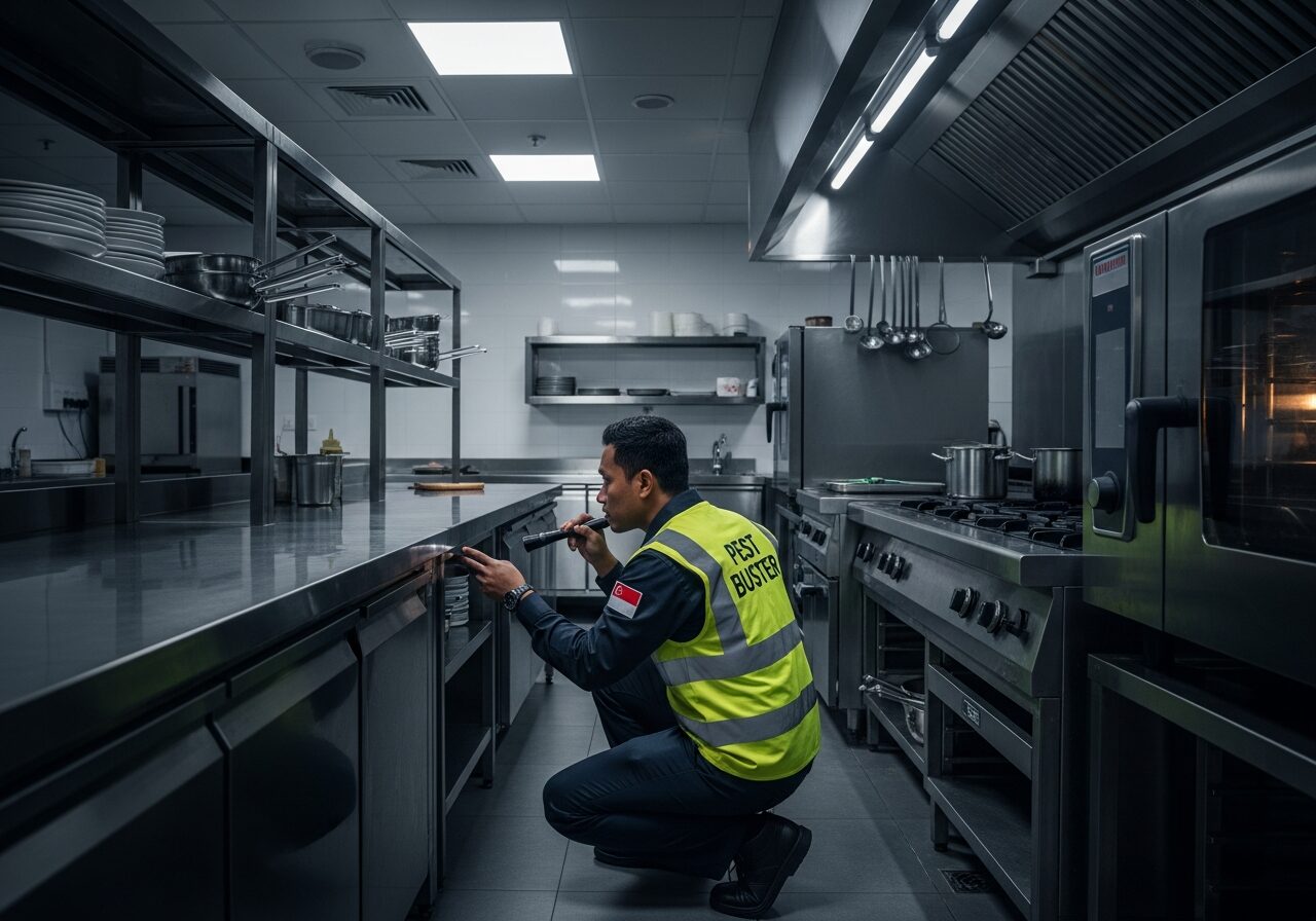 Commercial pest control technician inspecting a commercial kitchen in Singapore