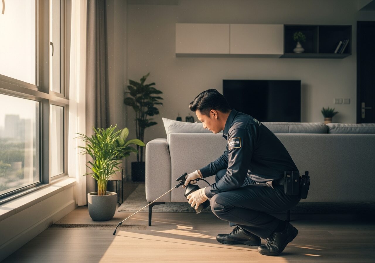 Pest control technician treating a residential HDB flat in Singapore