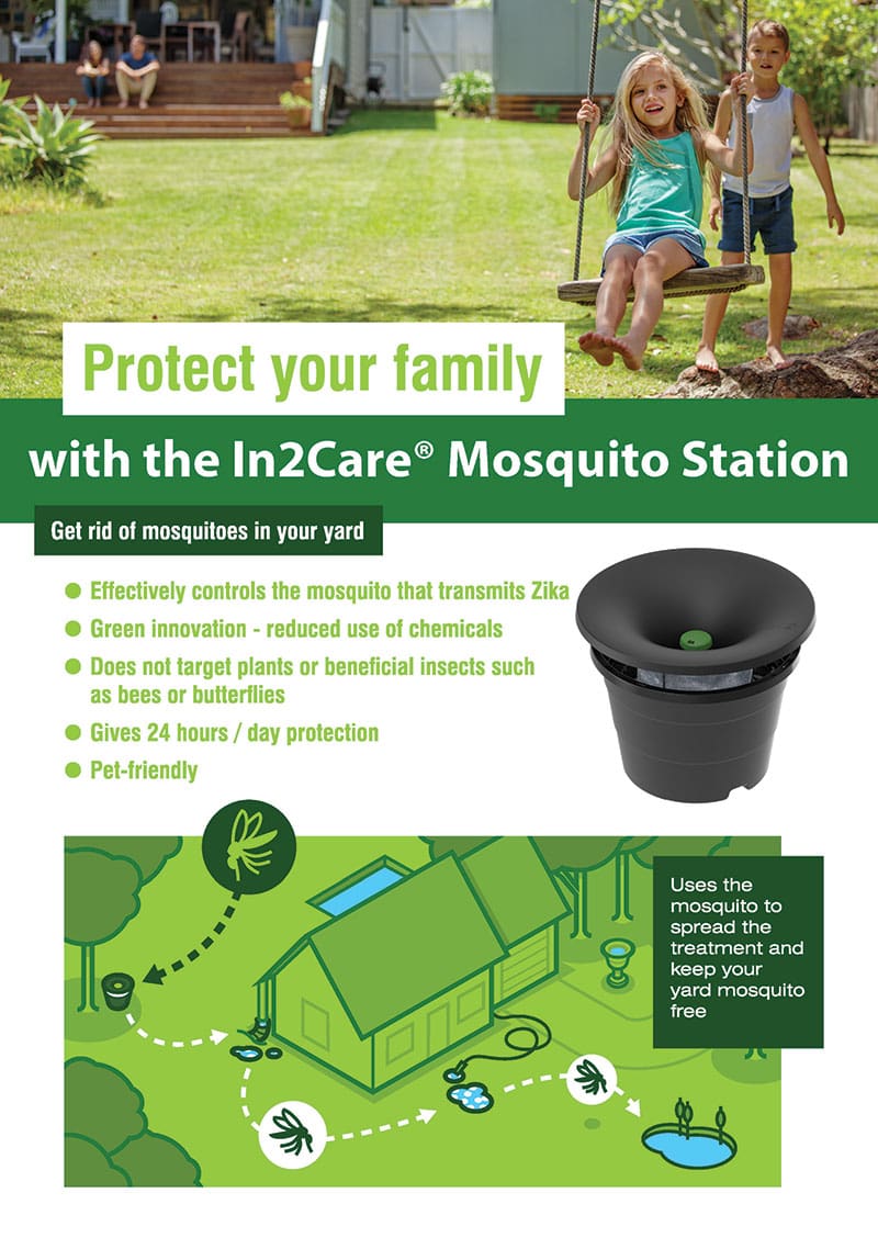 In2Care Mosquito Station product diagram, WHO-recommended auto-dissemination station that exterminates Aedes larvae at breeding sites